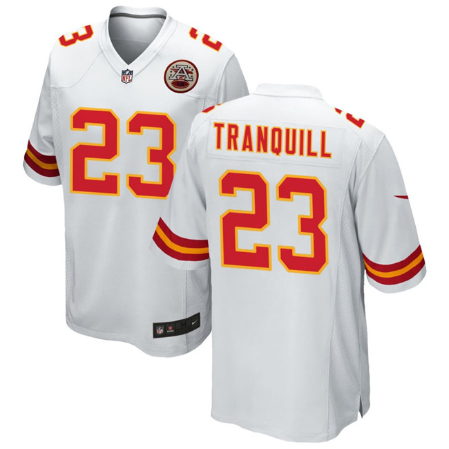 Men's Kansas City Chiefs #23 Drue Tranquill White Stitched Game Jersey Men's Kansas City Chiefs #23 Drue Tranquill White Stitched Game Jersey